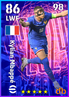 Kylian Mbappé — LWF, OVR 86, MAX 98