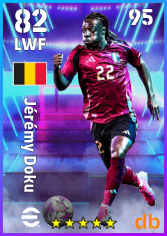 Jérémy Doku — LWF, OVR 82, MAX 95