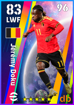 Jérémy Doku — LWF, OVR 83, MAX 96