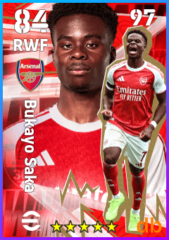 Bukayo Saka — RWF, OVR 84, MAX 97
