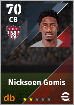 Nicksoen Gomis — CB, OVR 70, MAX 70