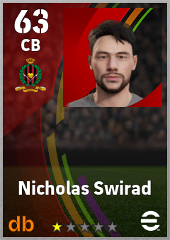 Nicholas Swirad — CB, OVR 63, MAX 63