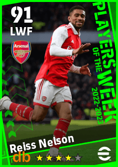 Reiss Nelson — LWF, OVR 91, MAX 91