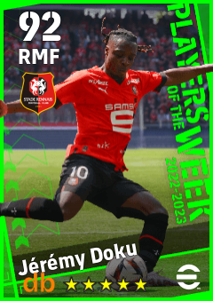Jérémy Doku — RMF, OVR 92, MAX 92