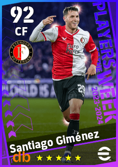 Santiago Giménez — CF, OVR 92, MAX 92