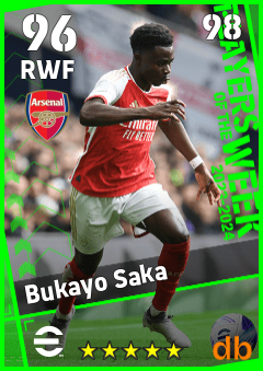 Bukayo Saka — RWF, OVR 96, MAX 98