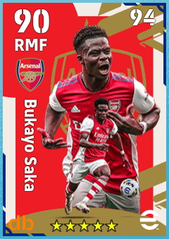 Bukayo Saka — RMF, OVR 90, MAX 94